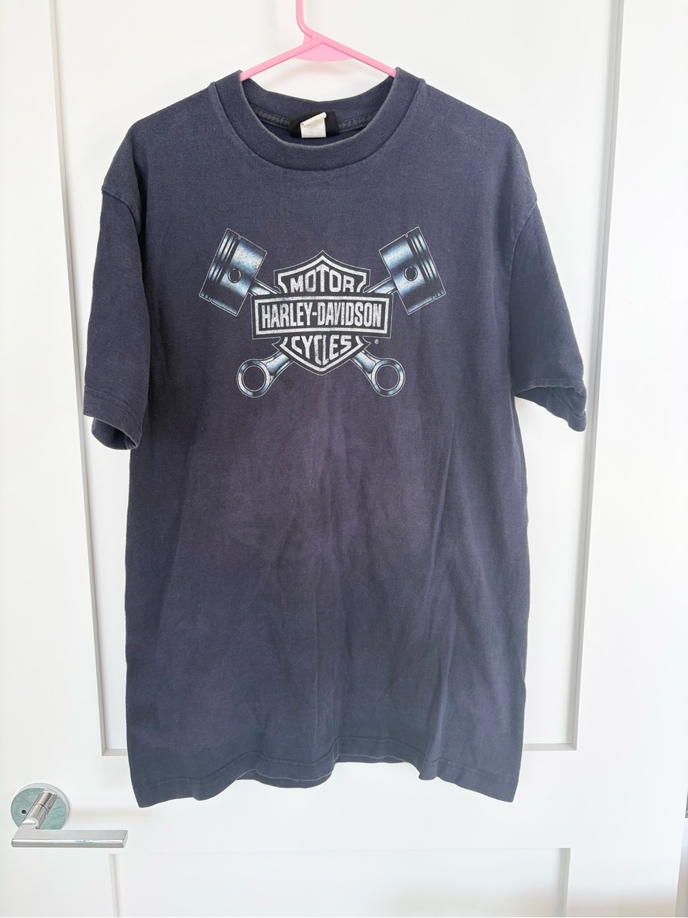 Vintage 90s Harley Davidson Crossed Pistons T Shirt Made USA Faded Navy Large